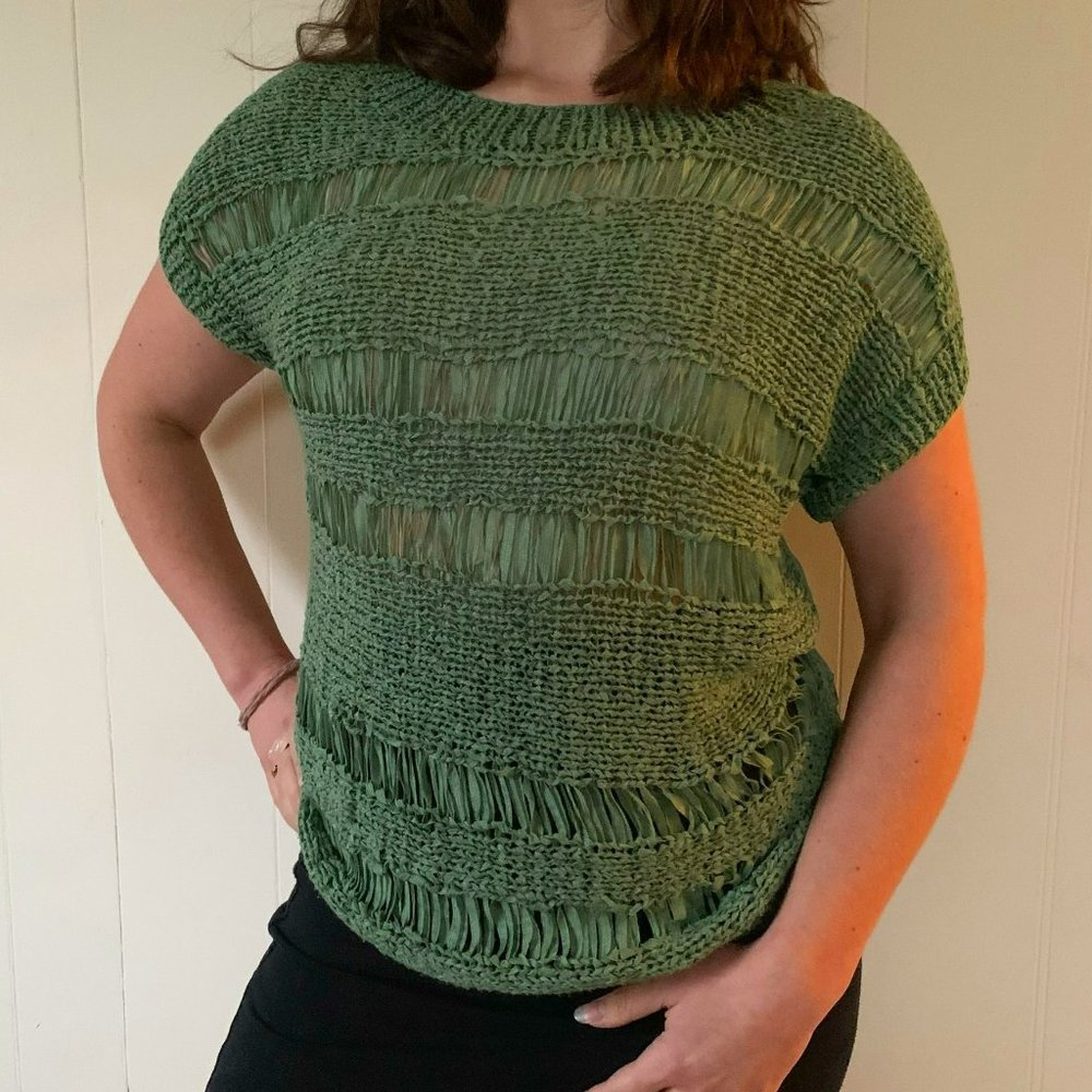 Vintage Sage Green Silky Boucle Knit Top Semi-Sheer Size Medium Womens